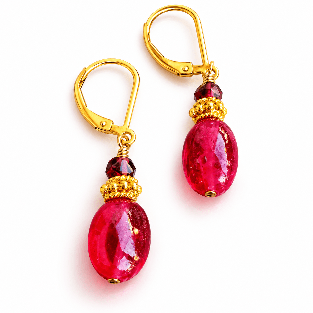 Gemstone Pebble Earrings Topped with Rhodolite